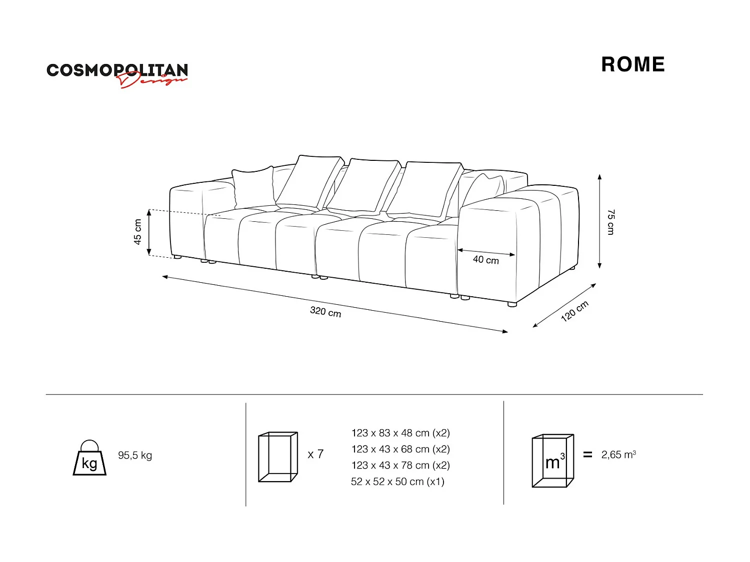 Cosmopolitan Design - Sofá modular "Rome" 3 lugares em tecido estrutural azul escuro - 320x120x75cm