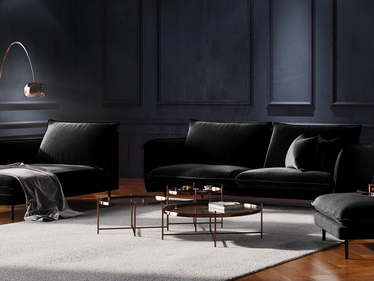 Cosmopolitan Design - Canapé "Vienna" 4 places en velours noir - 230x92x95cm