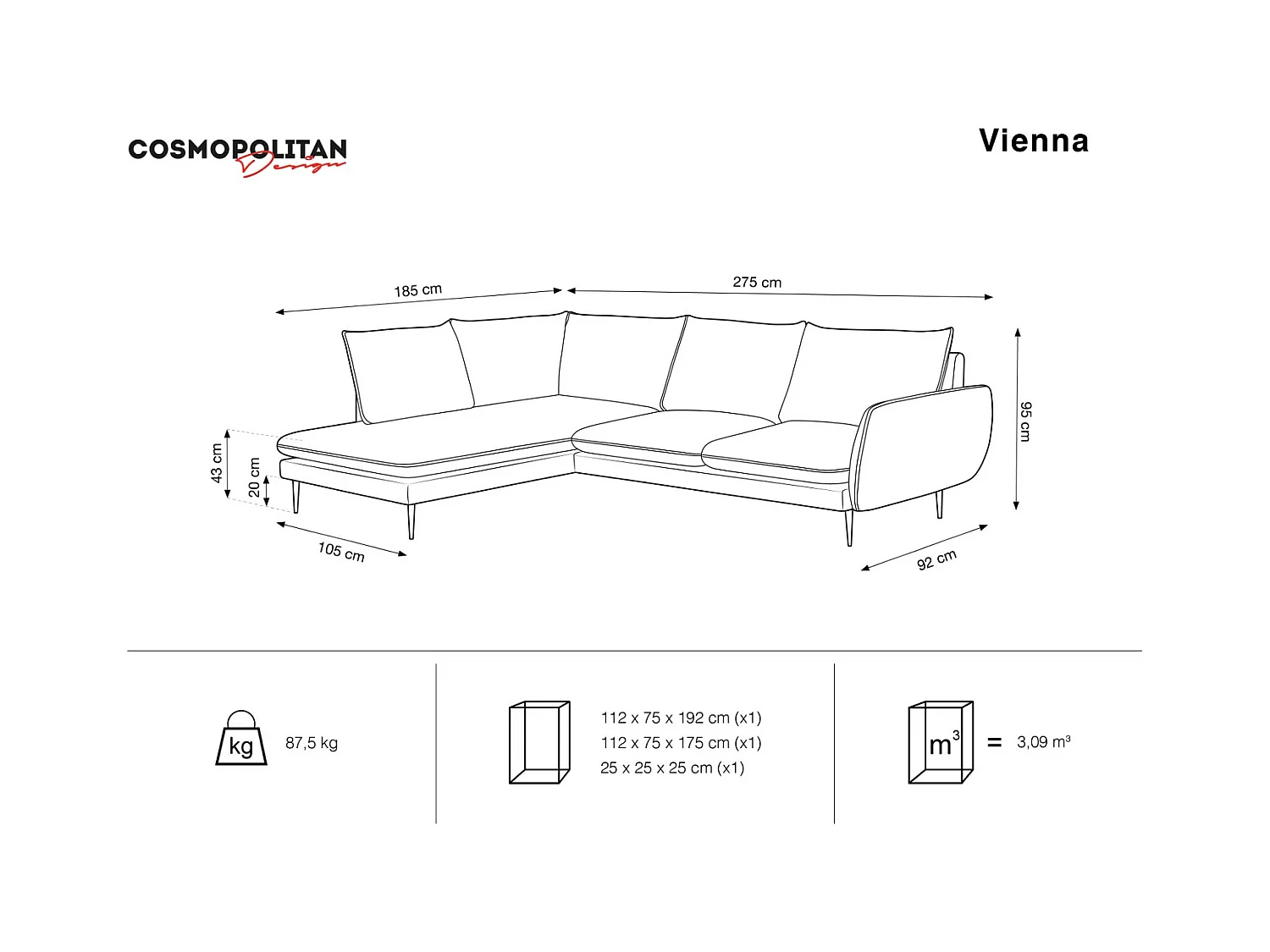 Cosmopolitan Design - Sofá de canto esquerdo "Vienna" 6 lugares em tecido estrutural bege claro - 275x185x95cm
