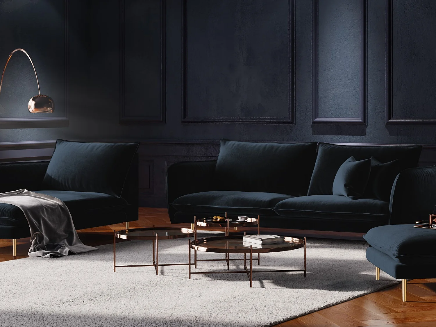 Cosmopolitan Design - 2-Sitzer Sofa "Vienna" aus Samt dunkelblau - 160x92x95cm