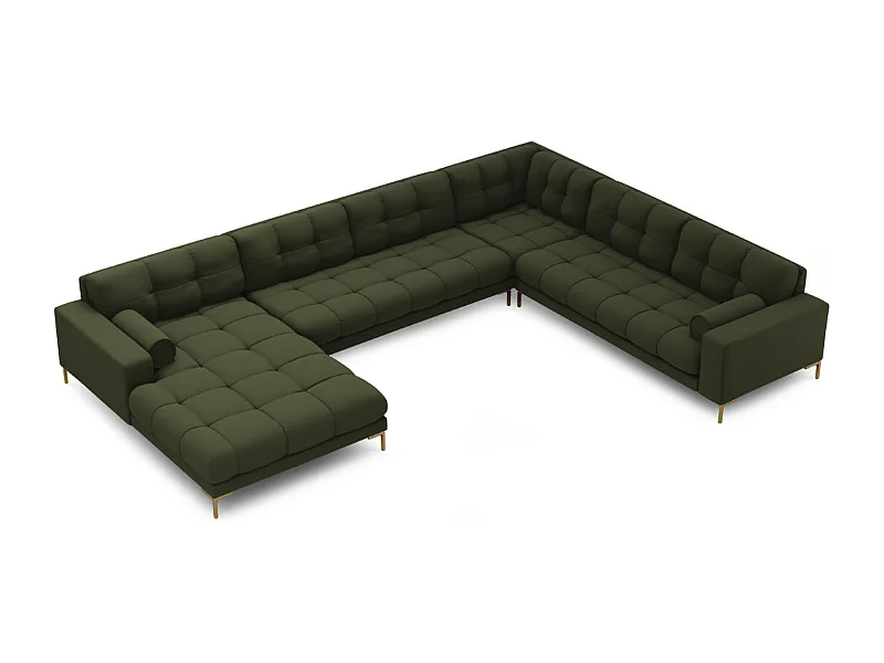 Cosmopolitan Design - Sofá de canto direito panorâmico "Bali" 7 lugares em tecido estrutural verde - 327x256x75cm