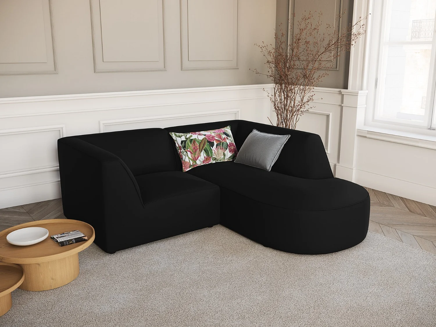 CXL by Christian Lacroix - Narożnik prawy, "Charles" 3 miejsca welur, czarny - 186x180x69cm