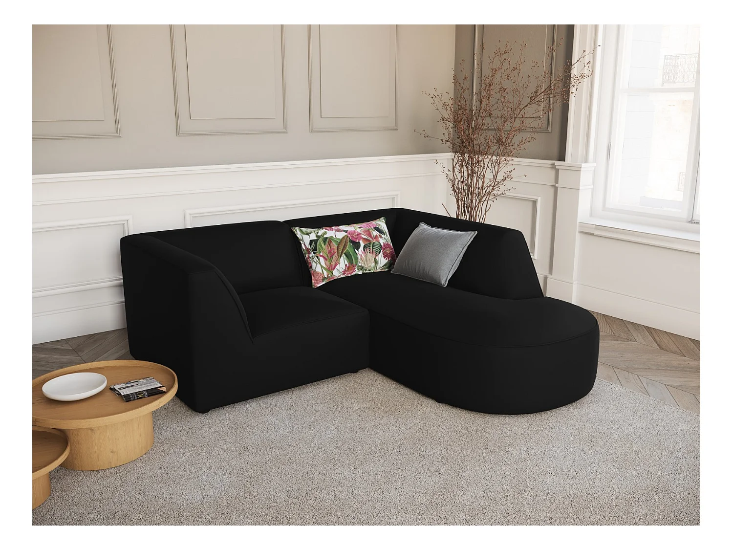 CXL by Christian Lacroix - Canapé d'angle droit "Charles" 3 places en velours noir - 186x180x69cm