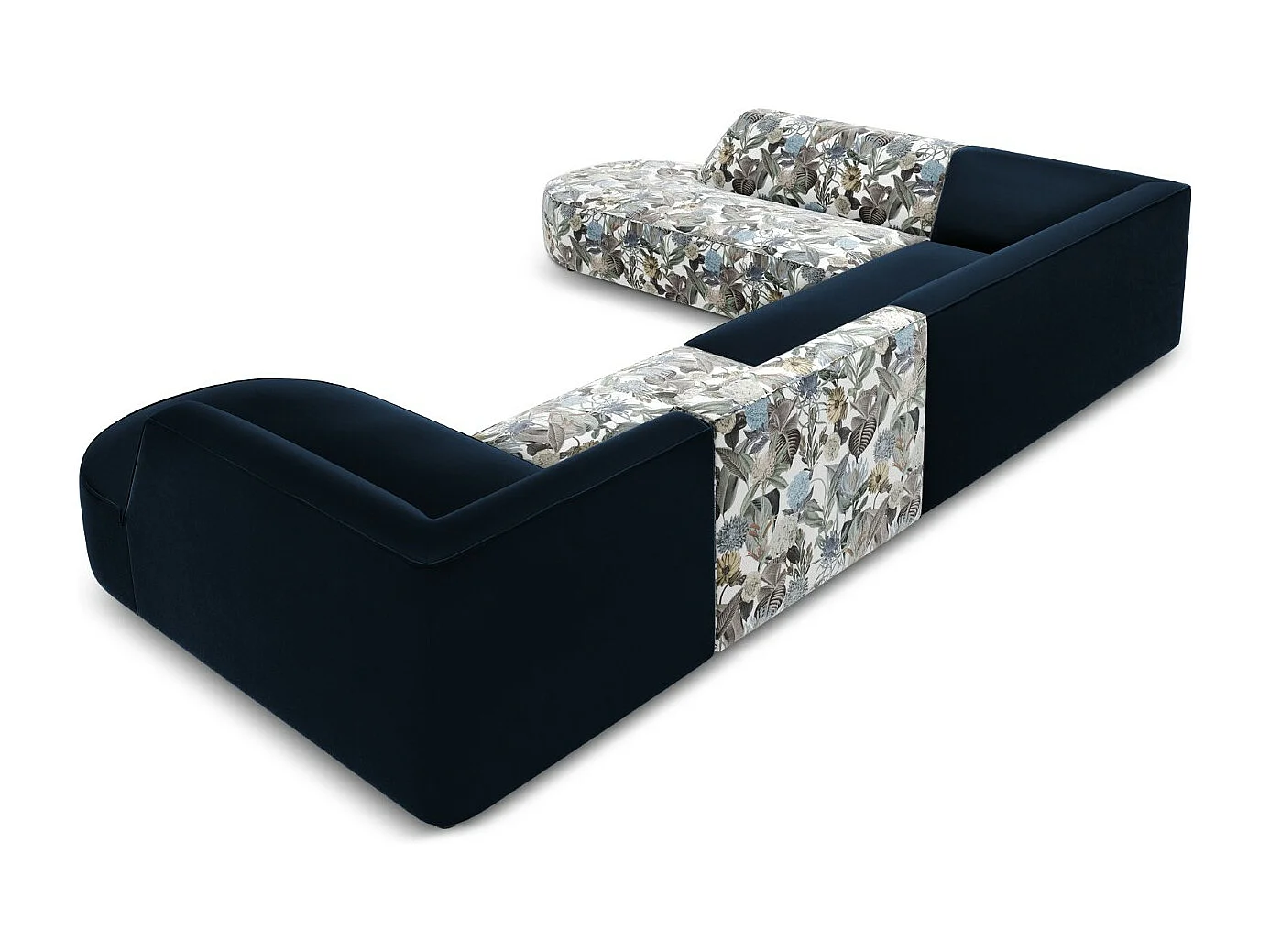 CXL by Christian Lacroix - 7-Sitzer Panoramasofa links "Charles" Sitzer aus Samt blaues gartenmotiv - 366x273x69cm