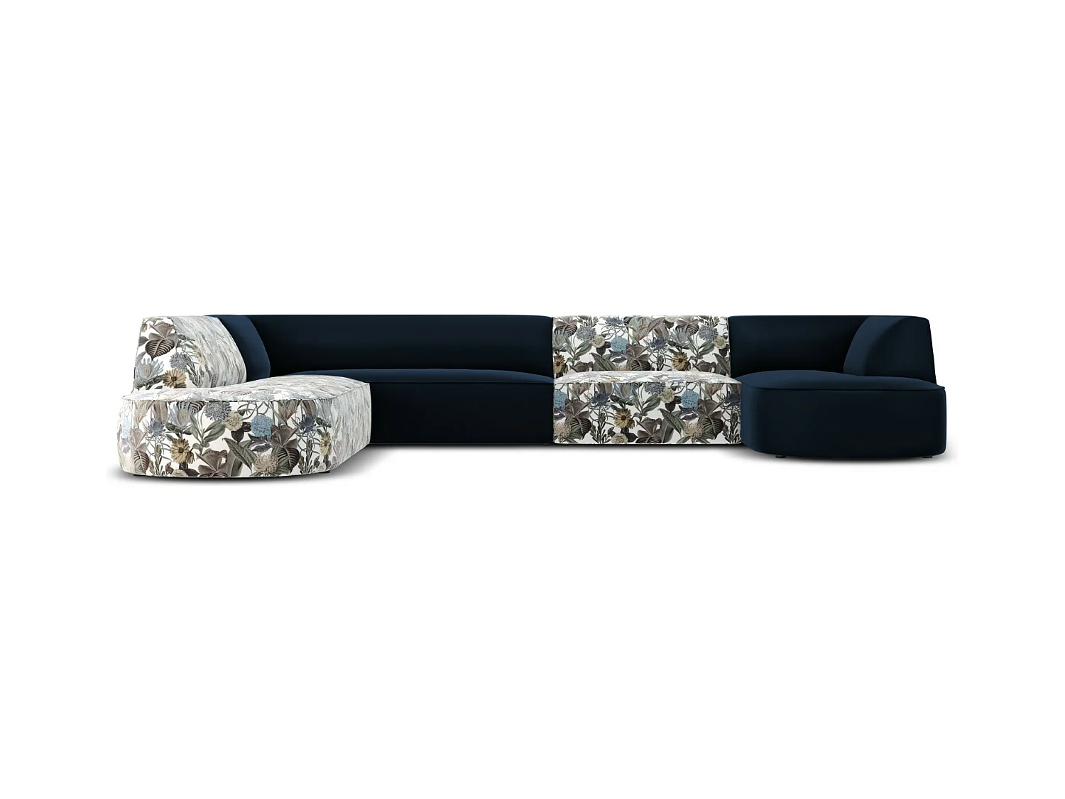 CXL by Christian Lacroix - Canapé d'angle gauche panoramique "Charles" 7 places en velours motif de jardin bleu clair,bleu foncé - 366x273x69cm