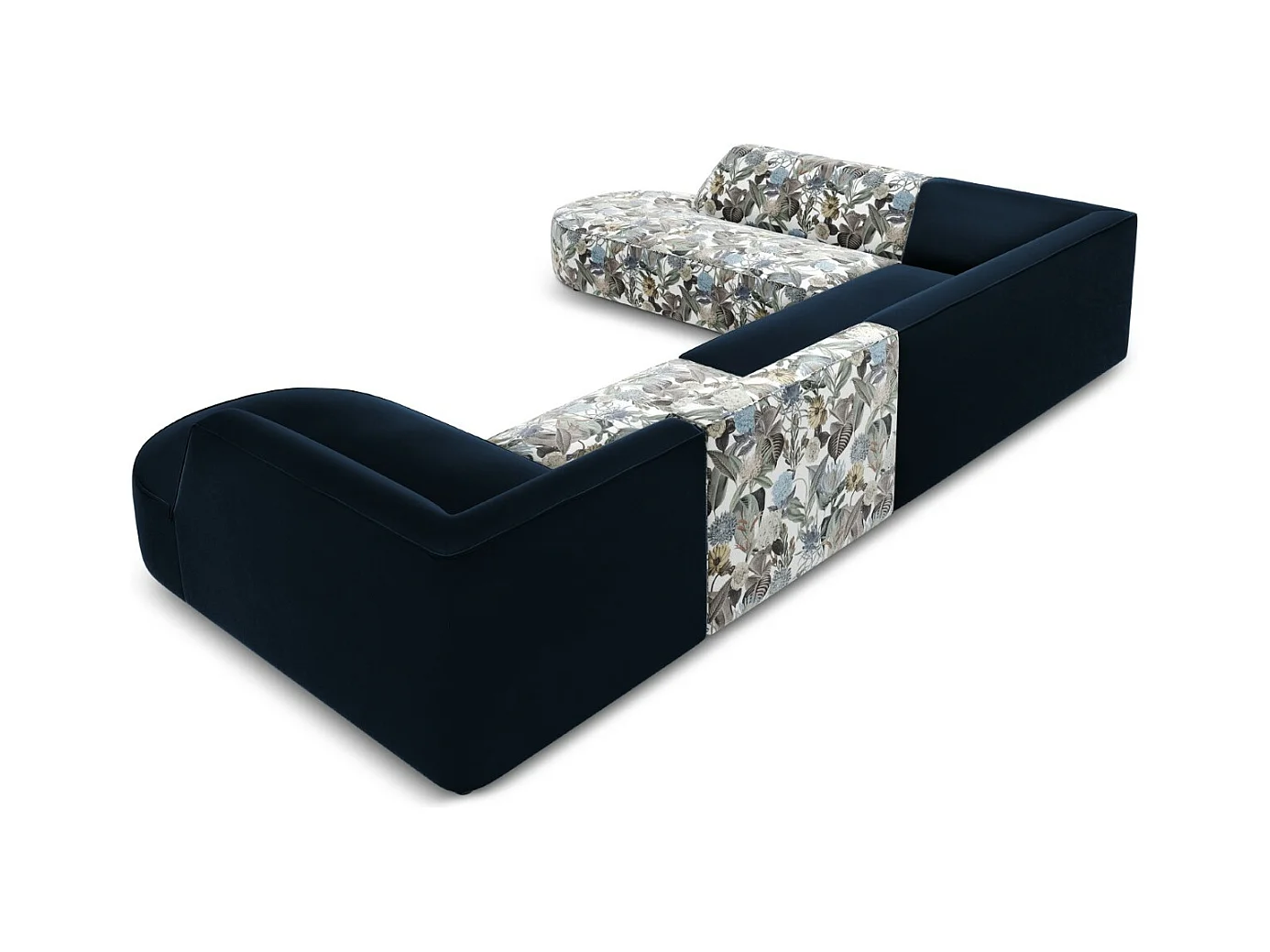 CXL by Christian Lacroix - Panoramische hoekbank links "Charles" 7 zitplaatsen, Flueel, lichtblauw, donkerblauw tuinpatroon - 366x273x69cm