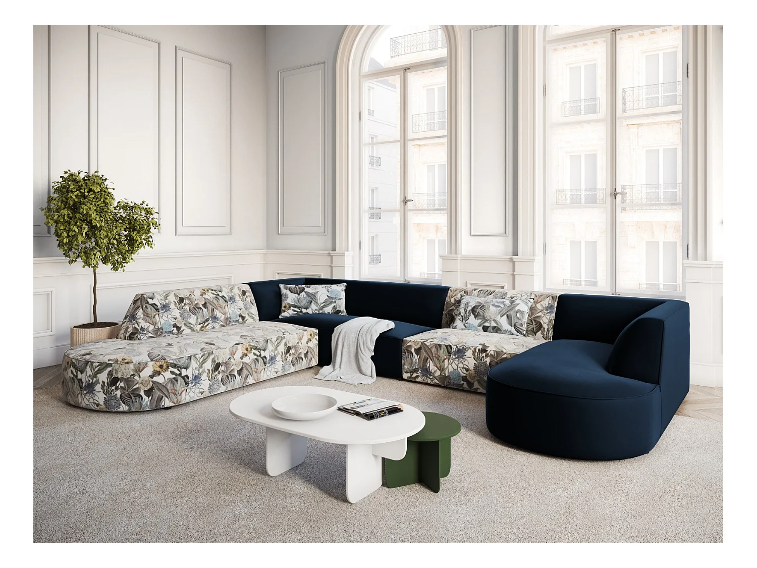 CXL by Christian Lacroix - Panoramische hoekbank links "Charles" 7 zitplaatsen, Flueel, lichtblauw, donkerblauw tuinpatroon - 366x273x69cm