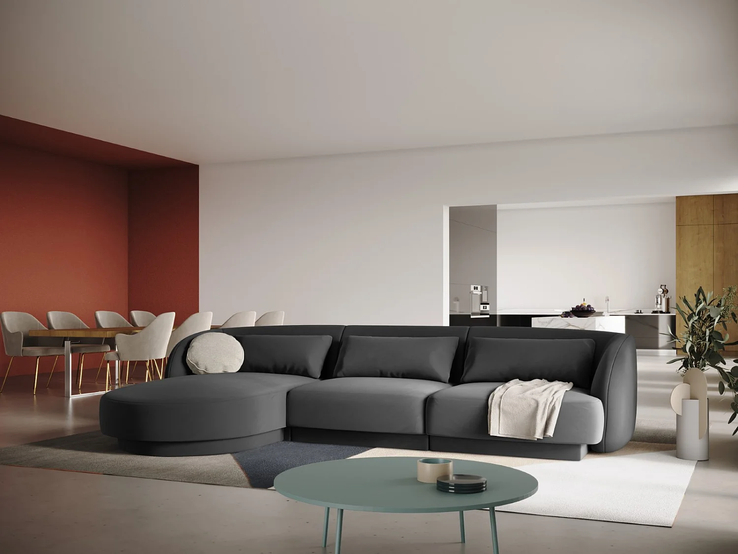 Cosmopolitan Design - Sofá esquinero izquierdo "Tulum" 4 plazas de terciopelo gris - 255x156x70cm