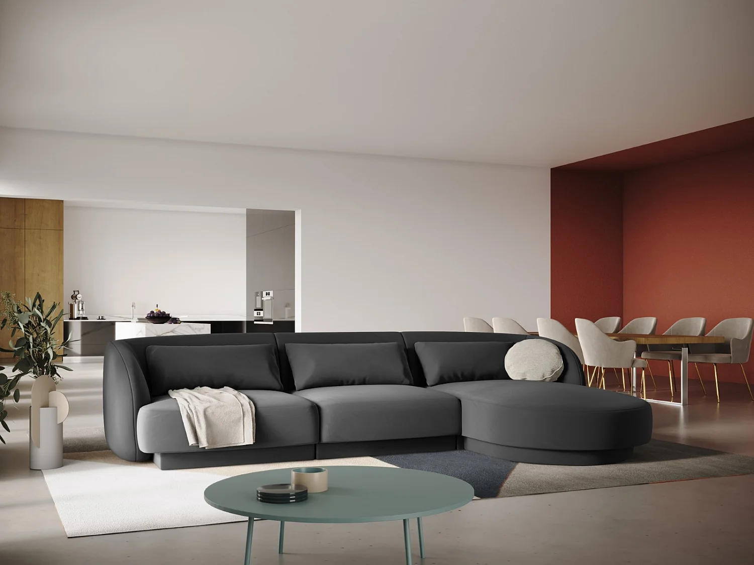 Cosmopolitan Design - Divano angolare destro "Tulum" 4 posti in velluto grigio - 255x156x70cm