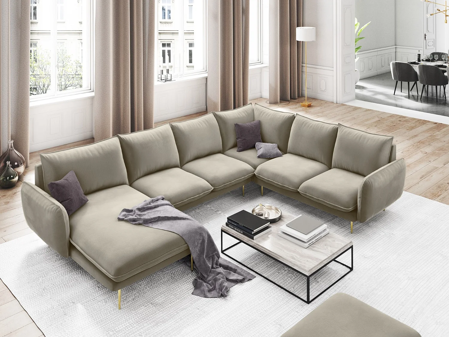 Cosmopolitan Design - 7-Sitzer Panoramasofa rechts "Vienna" aus Samt beige - 330x235x95cm