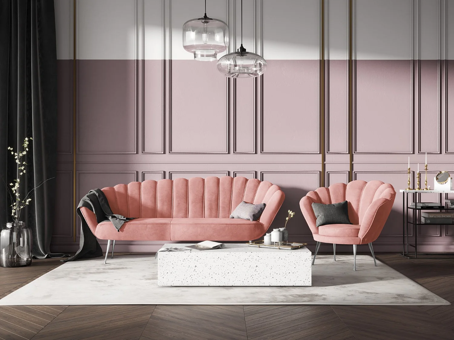 Cosmopolitan Design - Divano "Kingston" 3 posti in velluto rosa - 224x95x85cm