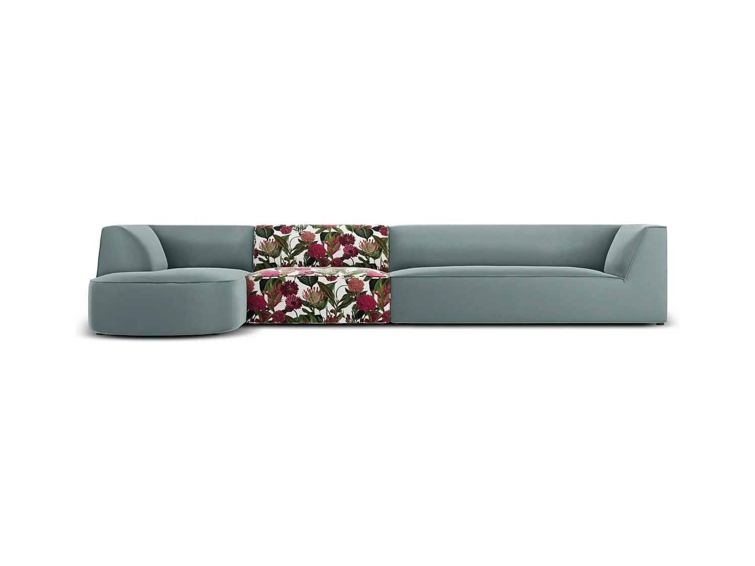 CXL by Christian Lacroix - Canapé d'angle gauche "Charles" 5 places en velours motif de rose de jardin,menthe - 366x180x69cm