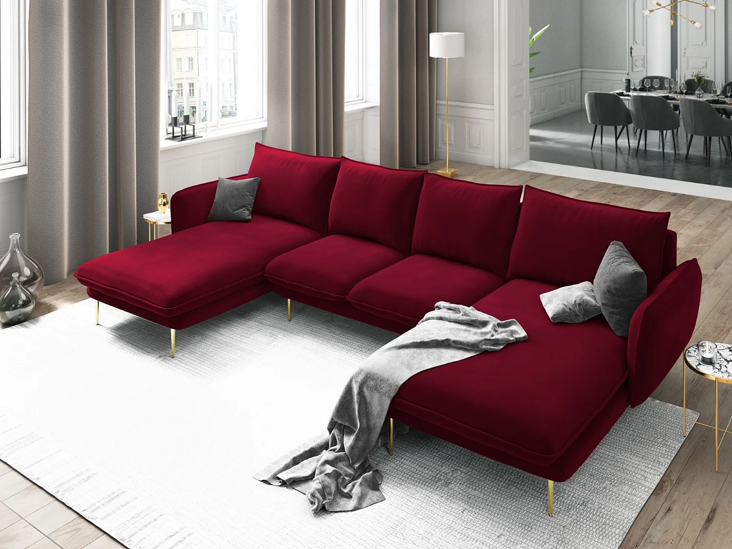 Cosmopolitan Design - Canapé panoramique "Vienna" 6 places en velours rouge - 350x170x95cm