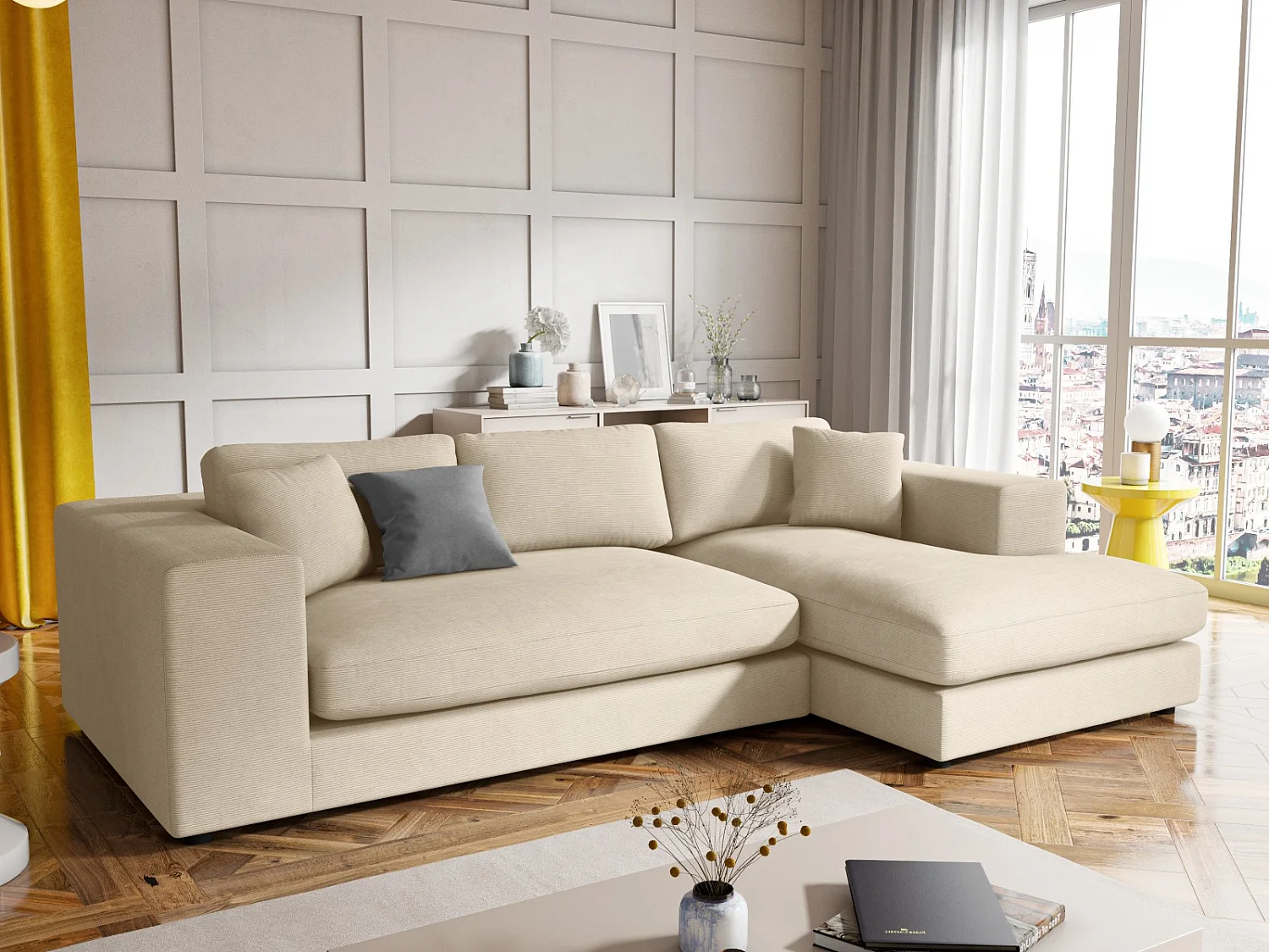 CXL by Christian Lacroix - 5-Sitzer Ecksofa rechts "Tendance" Sitzer aus Cord leichtes beige - 282x174x72cm