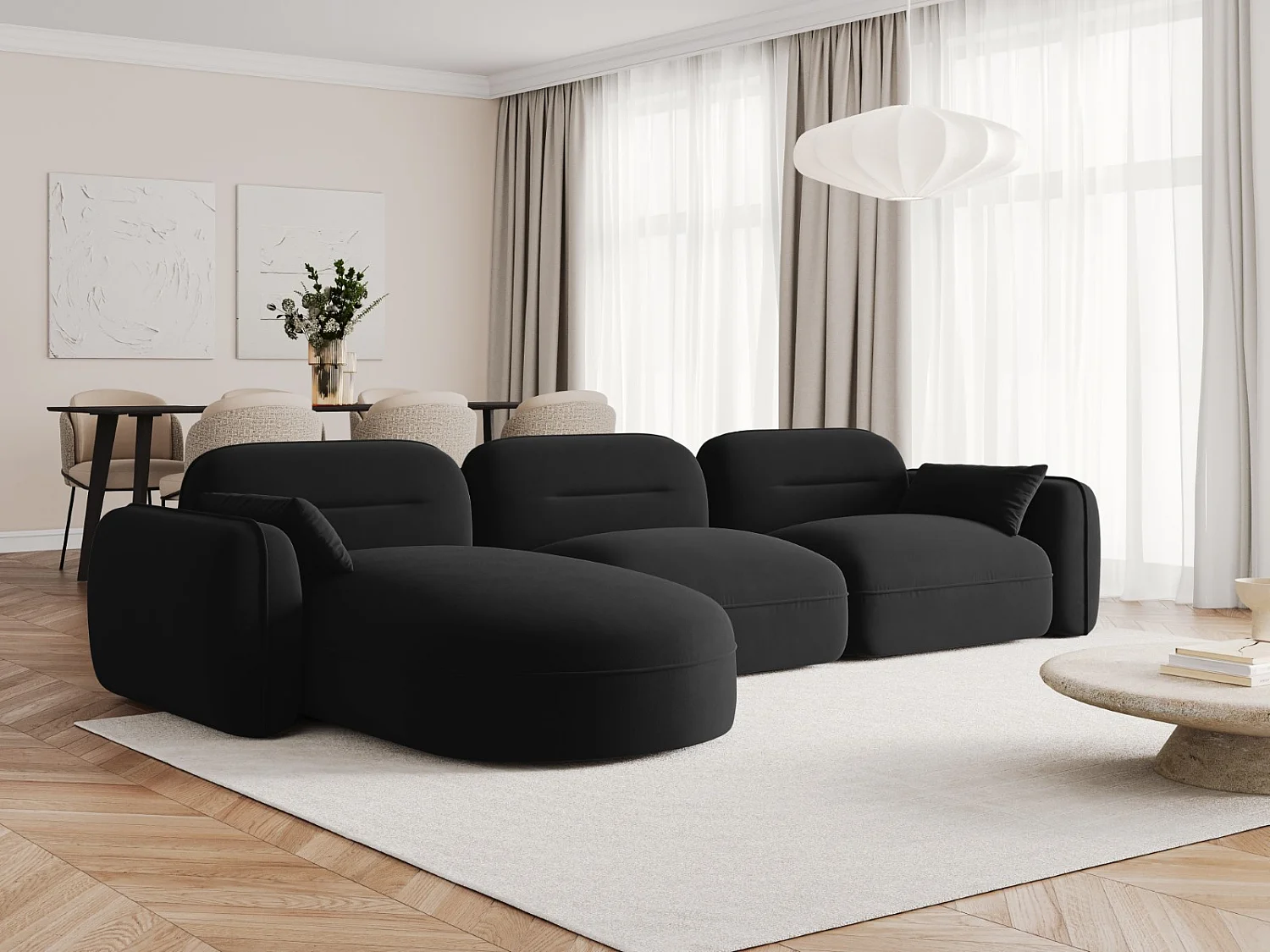 Cosmopolitan Design - Divano angolare modulare sinistro "Sydney" 4 posti in velluto nero - 320x165x70cm