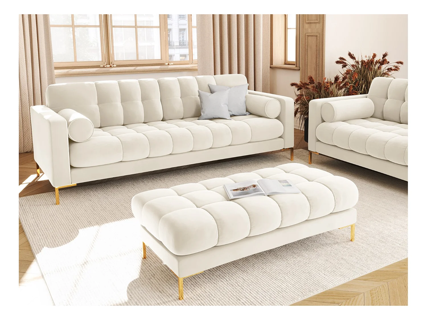 Cosmopolitan Design - Sofá "Bali" 3 plazas de terciopelo beige claro - 177x92x75cm