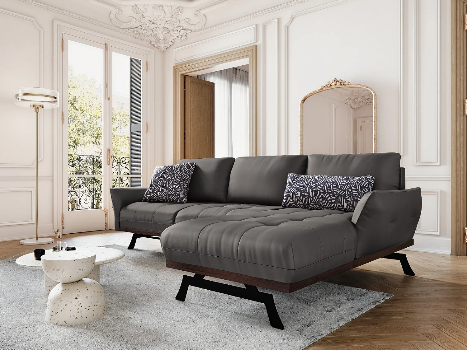 CXL by Christian Lacroix - Canapé d'angle droit modulable "Olivier" 4 places en cuir véritable gris foncé - 264x171x87cm