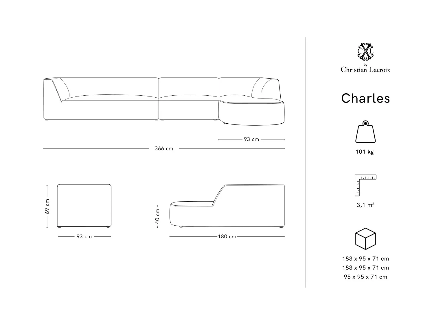 CXL by Christian Lacroix - Canapé d'angle droit "Charles" 5 places en velours motif de jardin bleu clair,beige - 366x180x69cm