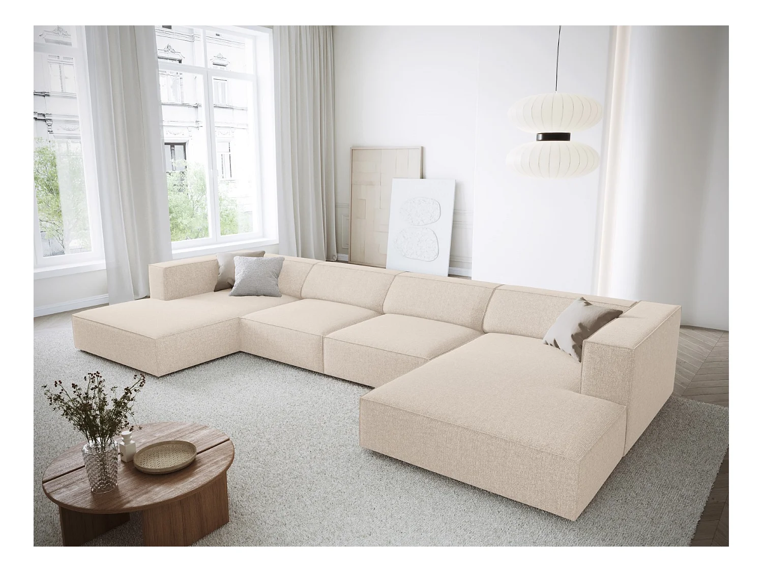 Cosmopolitan Design - Canapé panoramique "Arendal" 6 places en chenille beige clair - 364x166x70cm