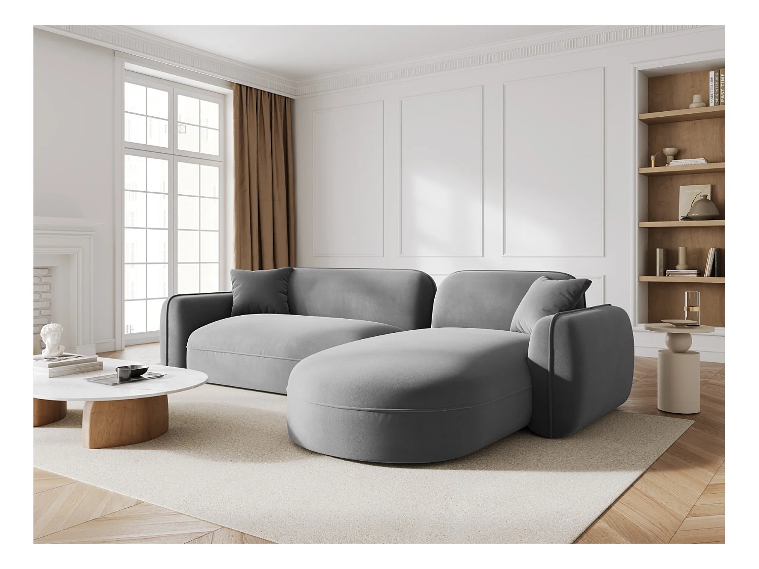 CXL by Christian Lacroix - Canapé d'angle droit modulable "Lucien" 4 places en velours gris clair - 275x165x70cm