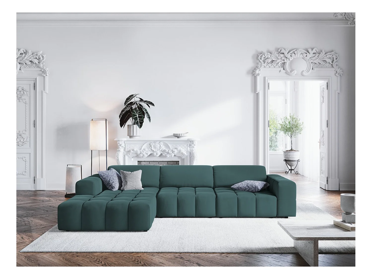 CXL by Christian Lacroix - Canapé d'angle gauche "Luc" 4 places en velours pétrole - 284x166x70cm