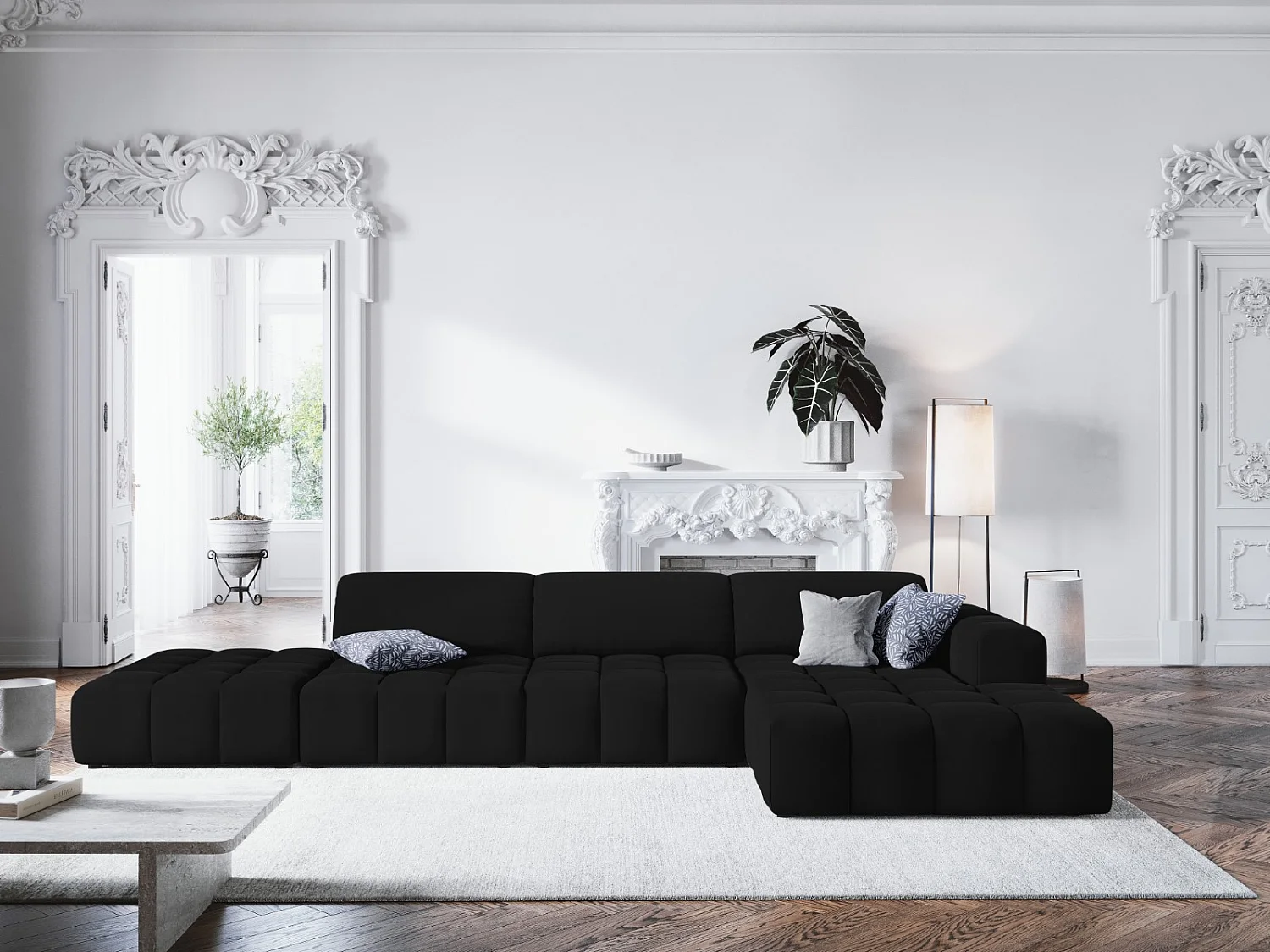 CXL by Christian Lacroix - Rechter hoekbank "Luc" 5 zitplaatsen, Flueel, Zwart - 341x166x70cm