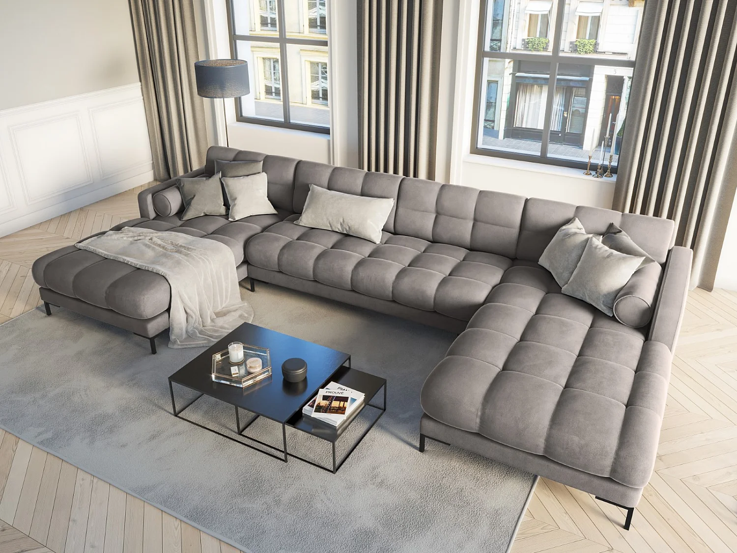 Cosmopolitan Design - Sofá panorámico "Bali" 7 plazas de terciopelo gris claro - 383x185x75cm