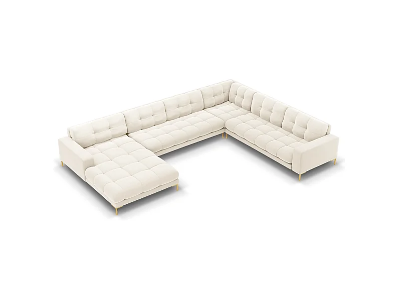 Cosmopolitan Design - Sofá de canto direito panorâmico "Bali" 7 lugares em veludo bege claro - 327x256x75cm