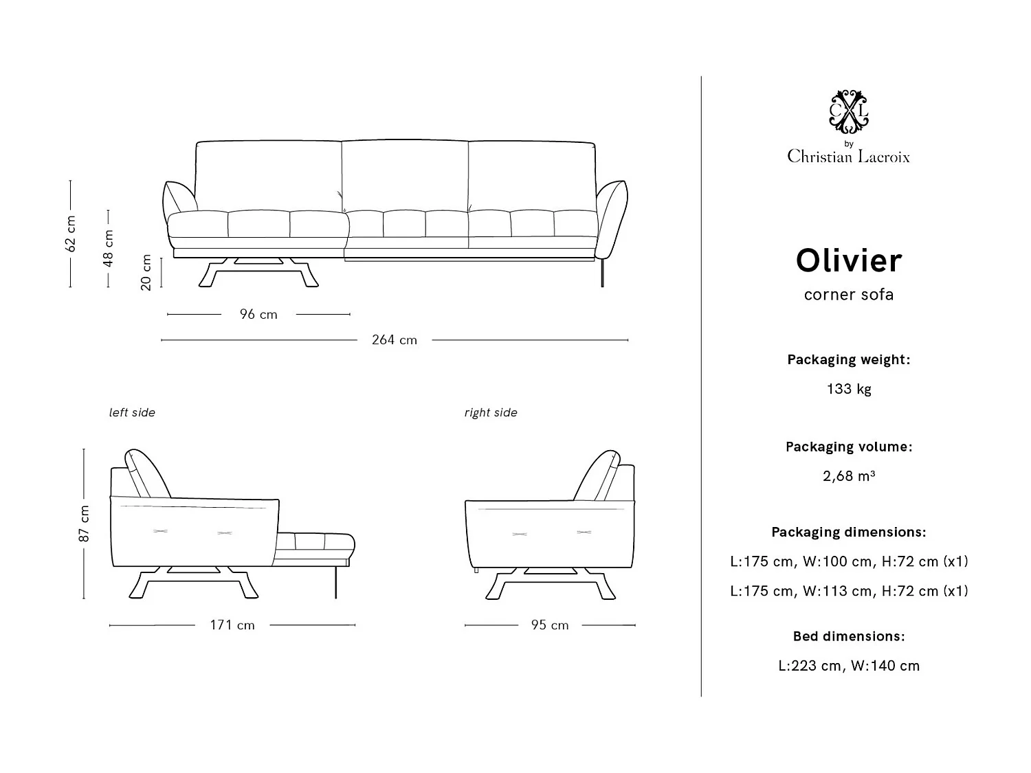 CXL by Christian Lacroix - Narożnik lewy panoramiczny, "Olivier" 4 miejsca skóra naturalna, czarny - 264x171x87cm