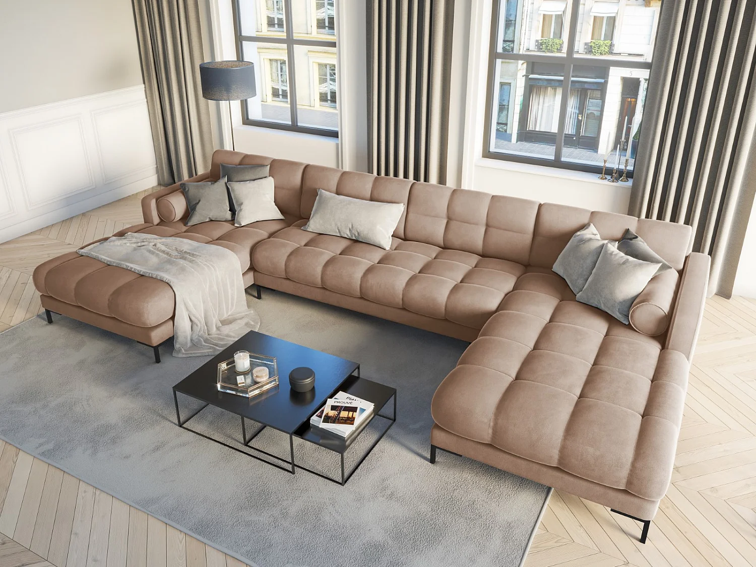 Cosmopolitan Design - Sofá panorâmico "Bali" 7 lugares em veludo bege - 383x185x75cm