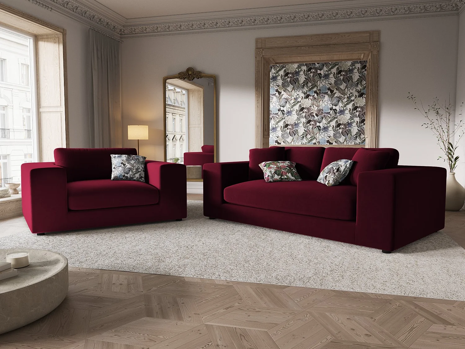 CXL by Christian Lacroix - Bank "Tendance" 3 zitplaatsen, Flueel, Rood - 220x122x72cm