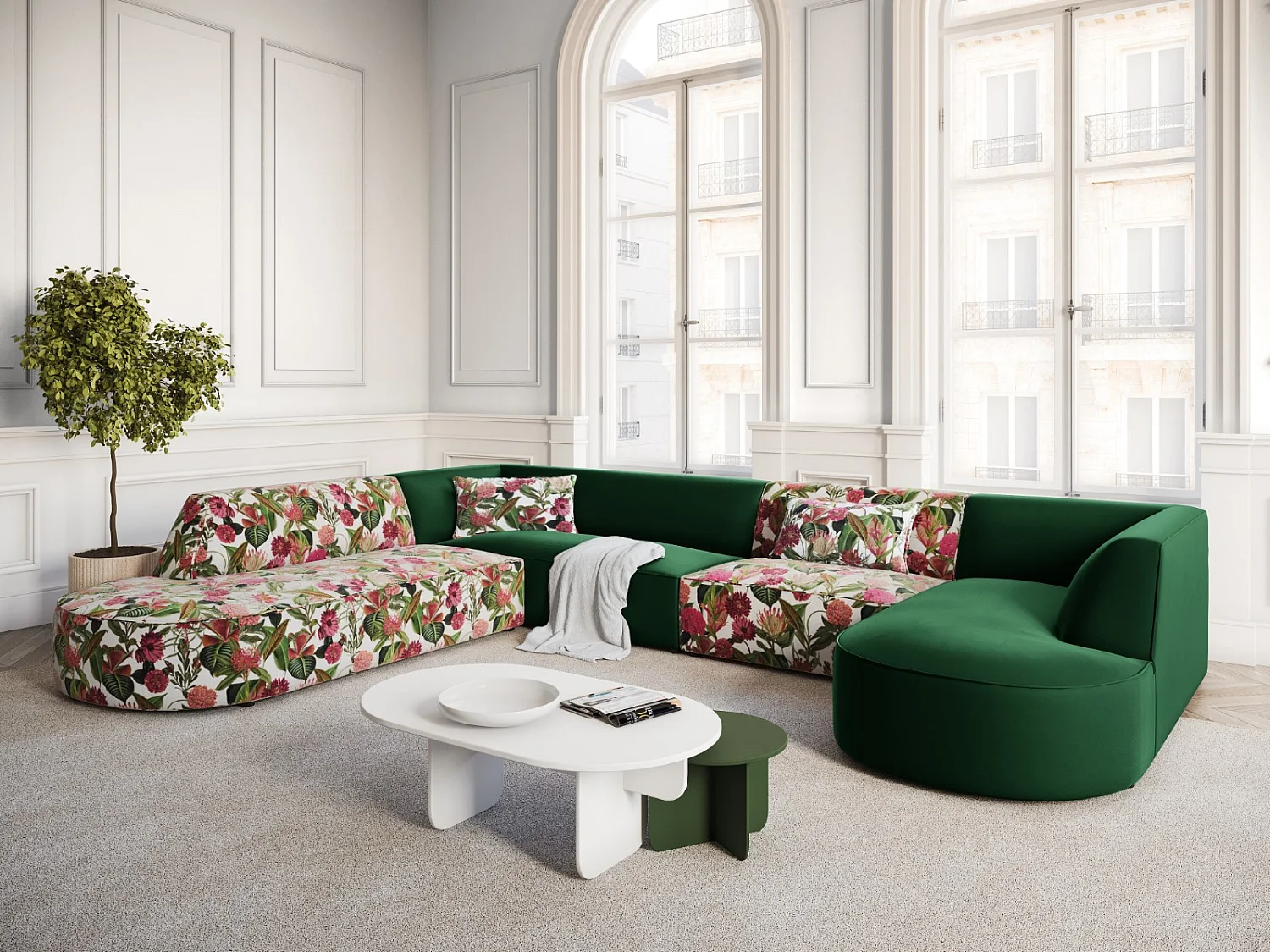 CXL by Christian Lacroix - Canapé d'angle gauche panoramique "Charles" 7 places en velours motif de rose de jardin,vert - 366x273x69cm