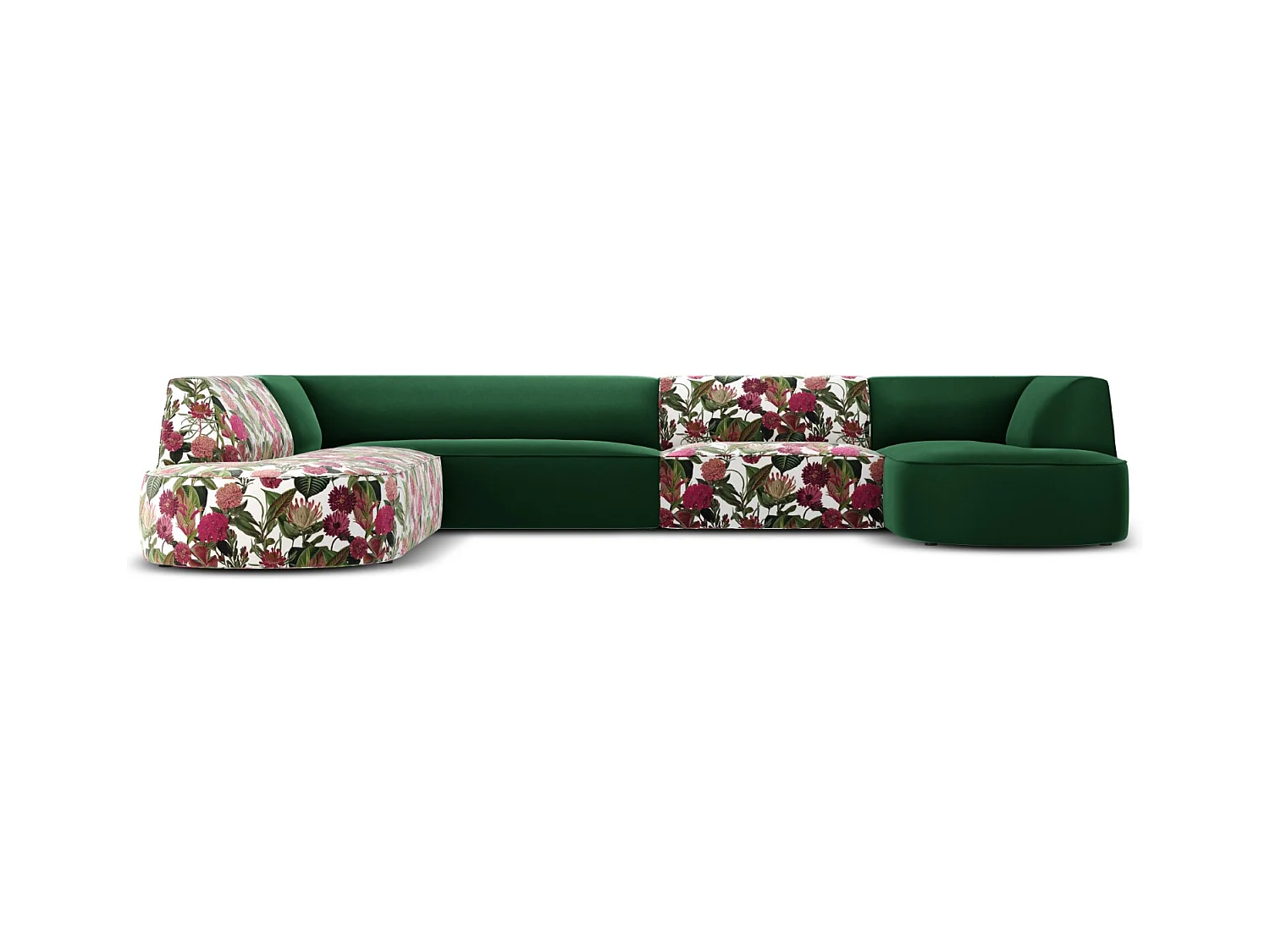 CXL by Christian Lacroix - Canapé d'angle gauche panoramique "Charles" 7 places en velours motif de rose de jardin,vert - 366x273x69cm