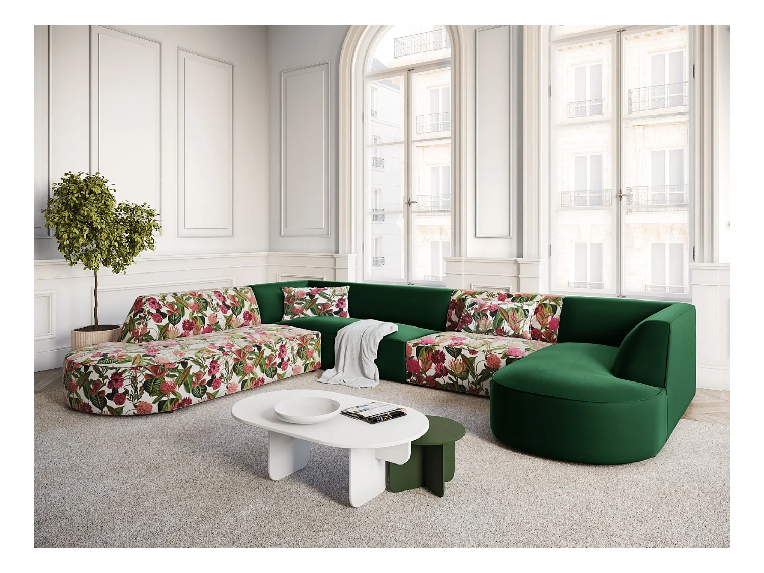 CXL by Christian Lacroix - Panoramische hoekbank links "Charles" 7 zitplaatsen, Flueel, tuinroospatroon, groen - 366x273x69cm