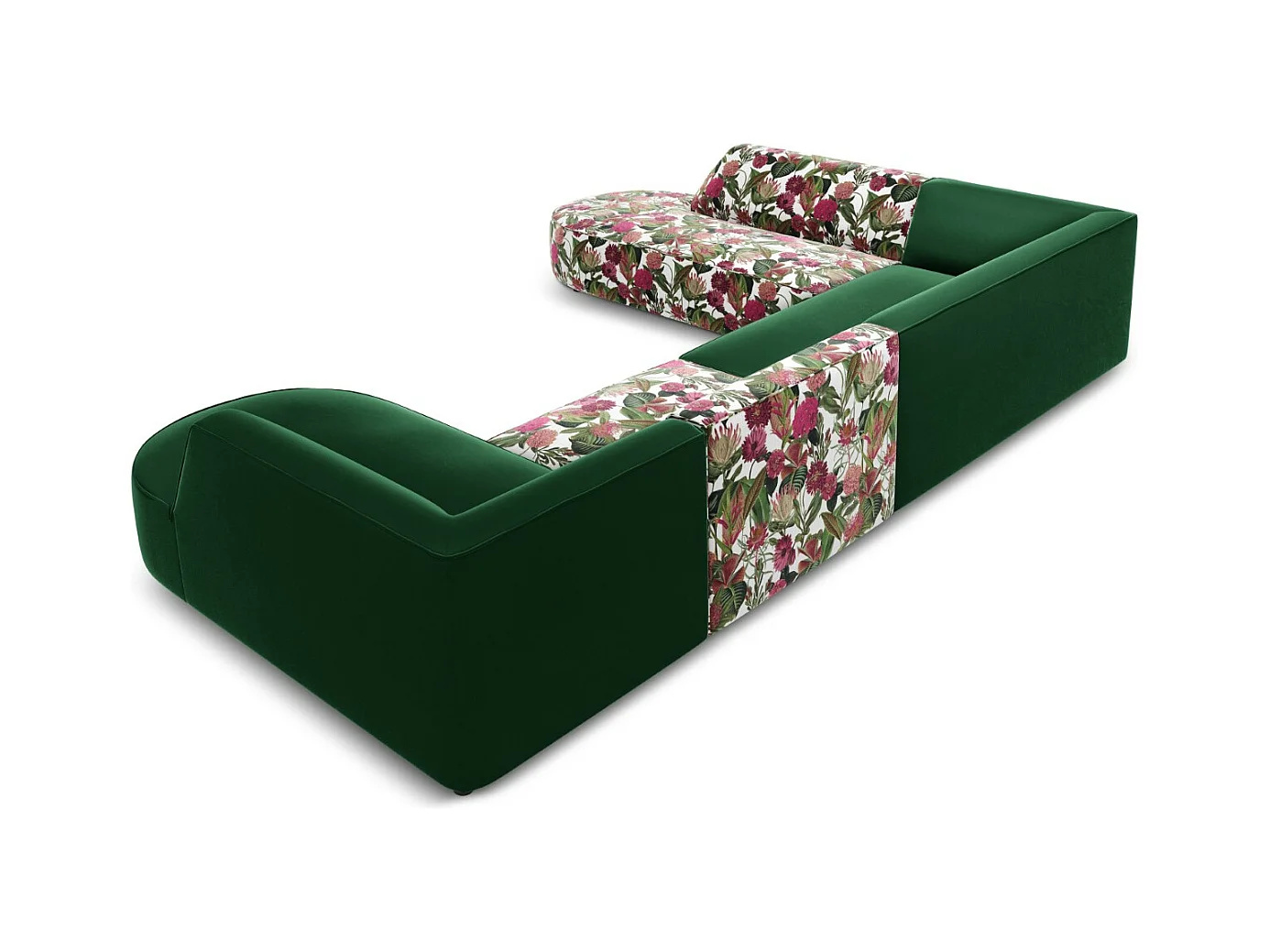 CXL by Christian Lacroix - Panoramische hoekbank links "Charles" 7 zitplaatsen, Flueel, tuinroospatroon, groen - 366x273x69cm