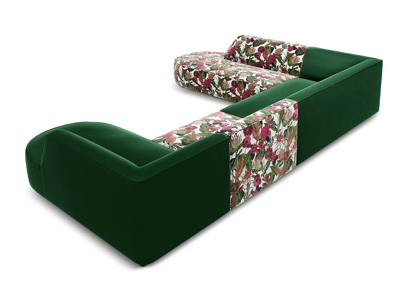 CXL by Christian Lacroix - Canapé d'angle gauche panoramique "Charles" 7 places en velours motif de rose de jardin,vert - 366x273x69cm