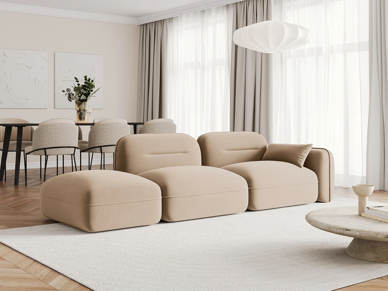 Cosmopolitan Design - Sofa modułowa bok lewy, "Sydney" 3 miejsca welur, piasek - 295x90x70cm