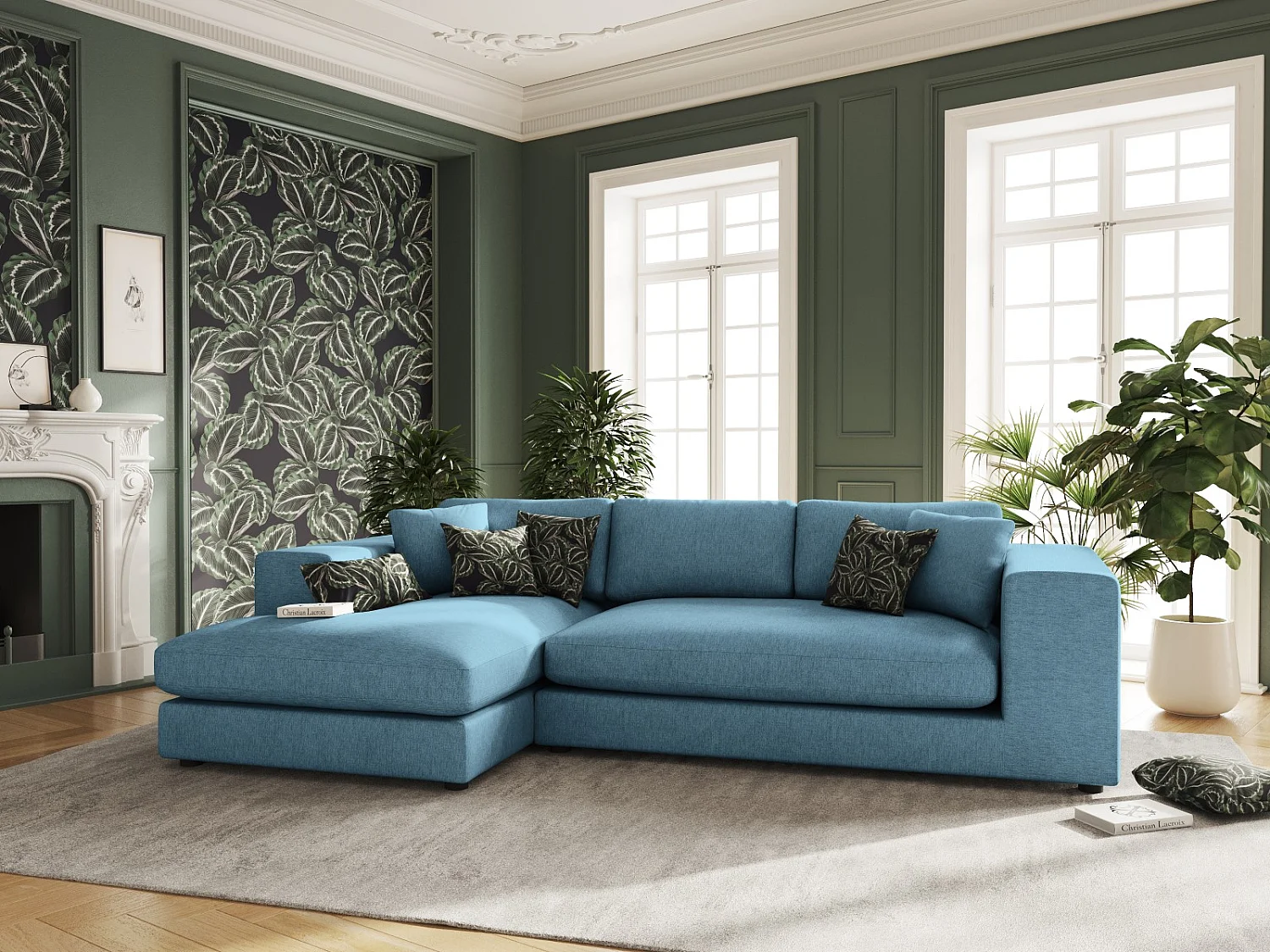 CXL by Christian Lacroix - 5-Sitzer Ecksofa links "Tendance" Sitzer aus strukturiertem Stoff blau - 282x174x72cm