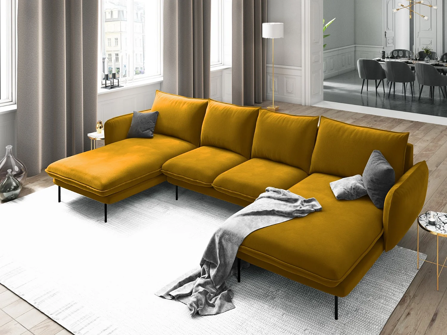 Cosmopolitan Design - Canapé panoramique "Vienna" 6 places en velours jaune - 350x170x95cm