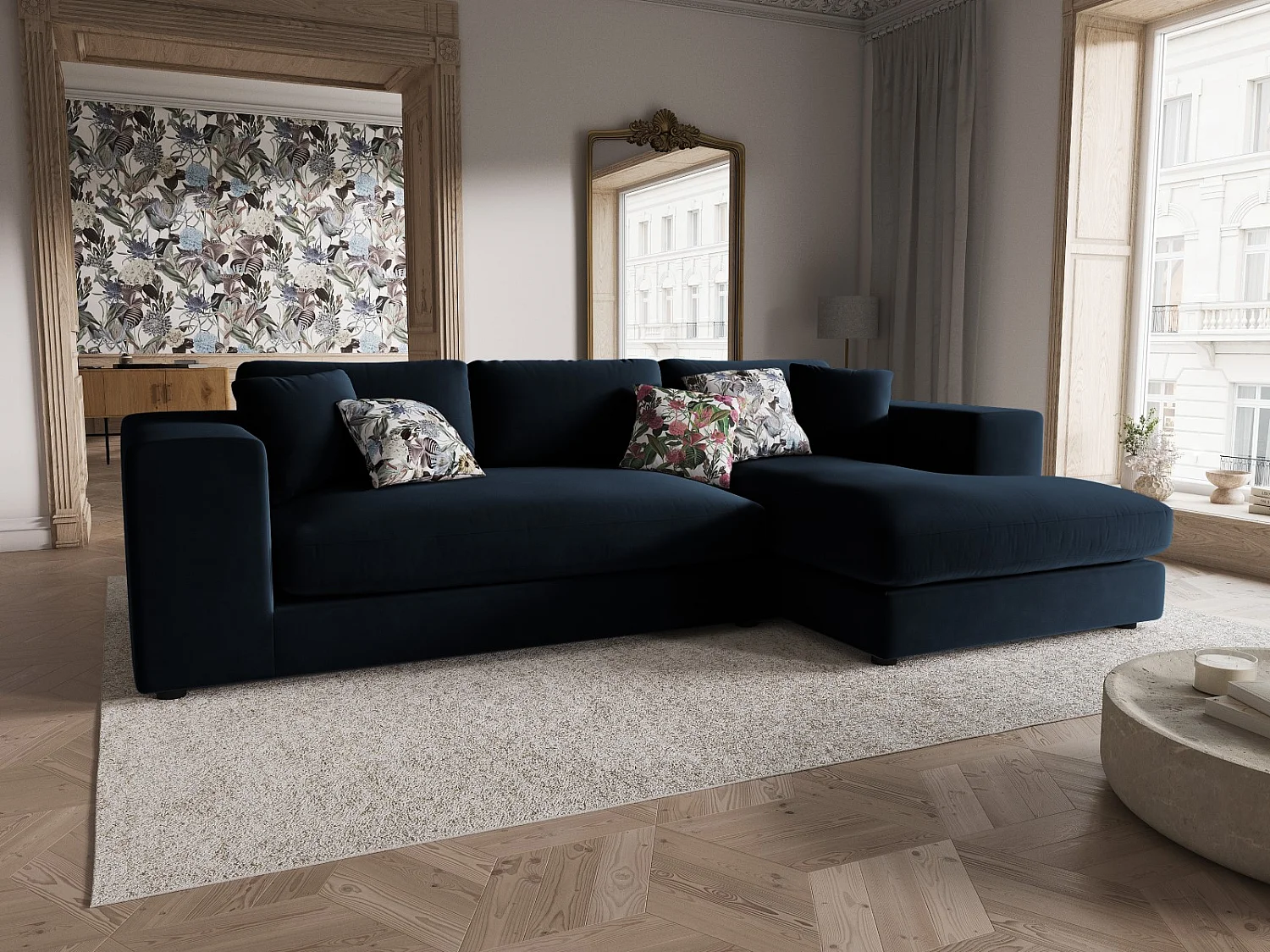 CXL by Christian Lacroix - Rechter hoekbank "Tendance" 5 zitplaatsen, Flueel, Donkerblauw - 282x174x72cm