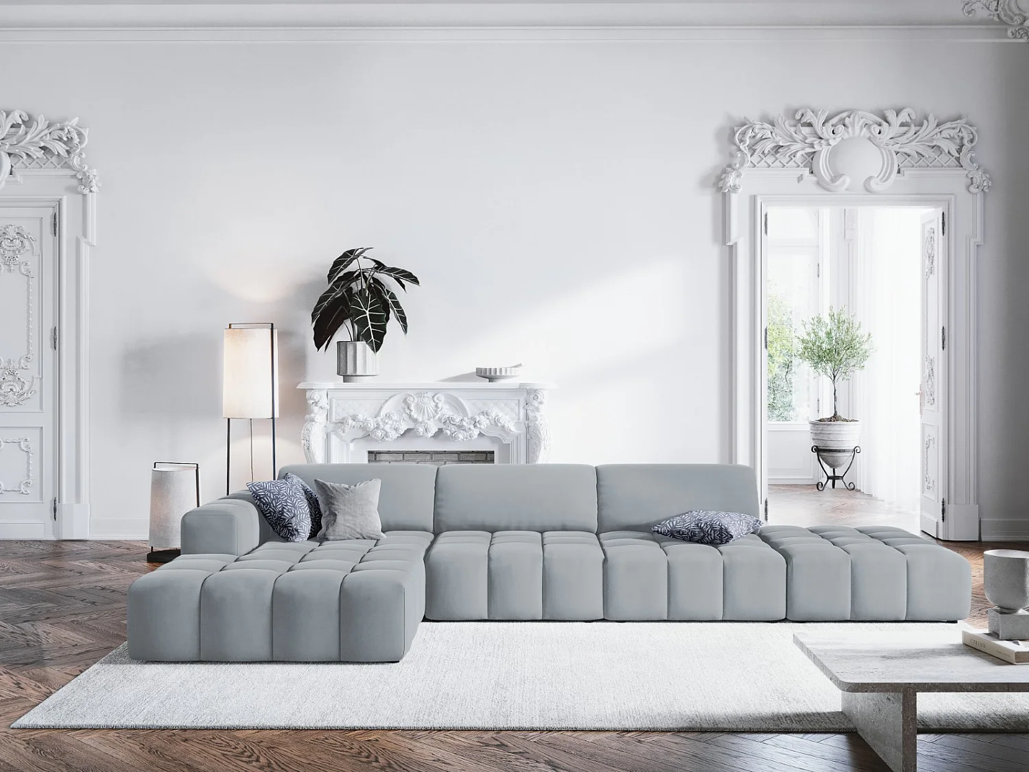 CXL by Christian Lacroix - Sofá esquinero izquierdo "Luc" 5 plazas de terciopelo azul claro - 341x166x70cm