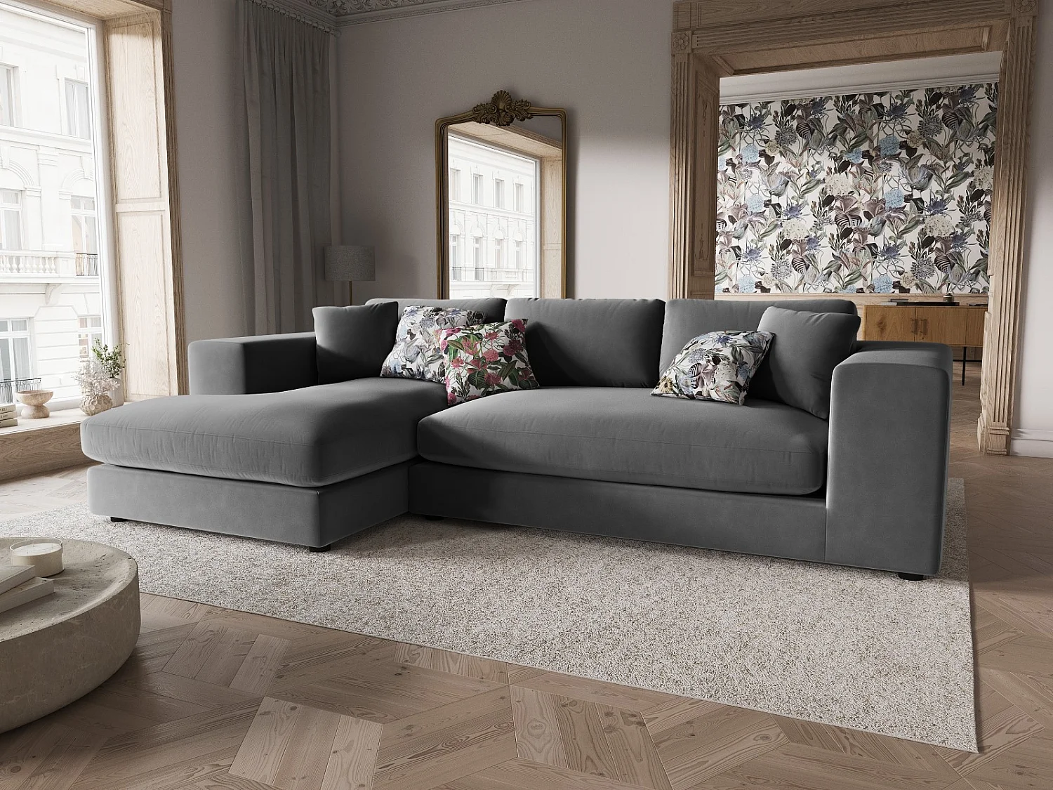 CXL by Christian Lacroix - Canapé d'angle gauche "Tendance" 5 places en velours gris - 282x174x72cm