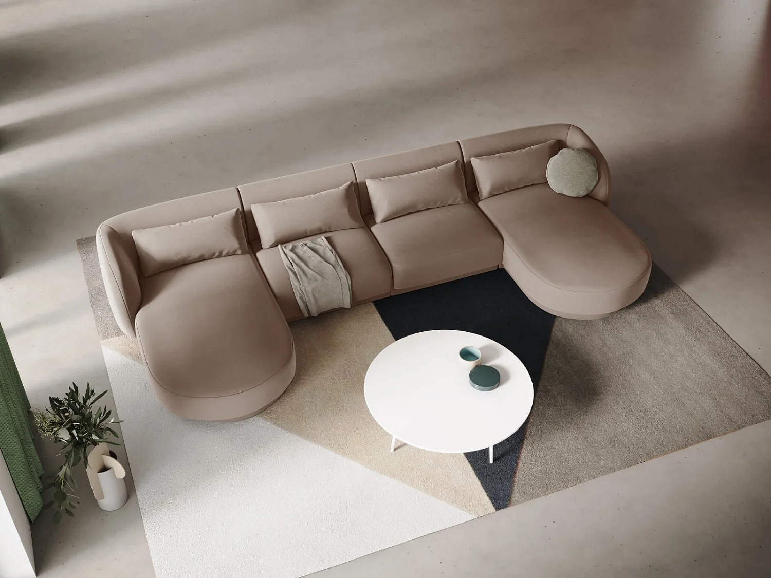 Cosmopolitan Design - Canapé panoramique "Tulum" 5 places en velours beige - 330x156x70cm