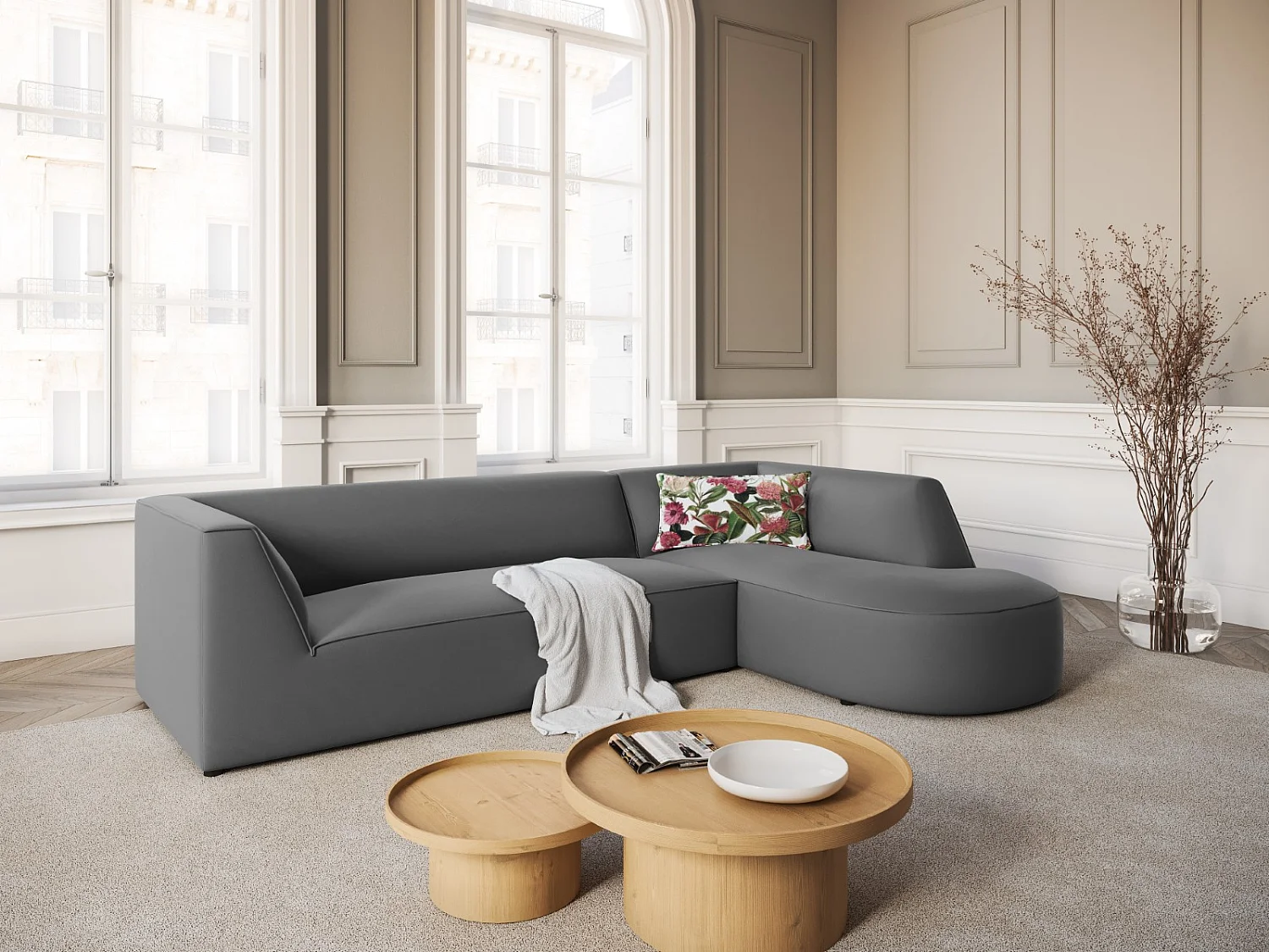 CXL by Christian Lacroix - Canapé d'angle droit "Charles" 4 places en velours gris foncé - 273x180x69cm