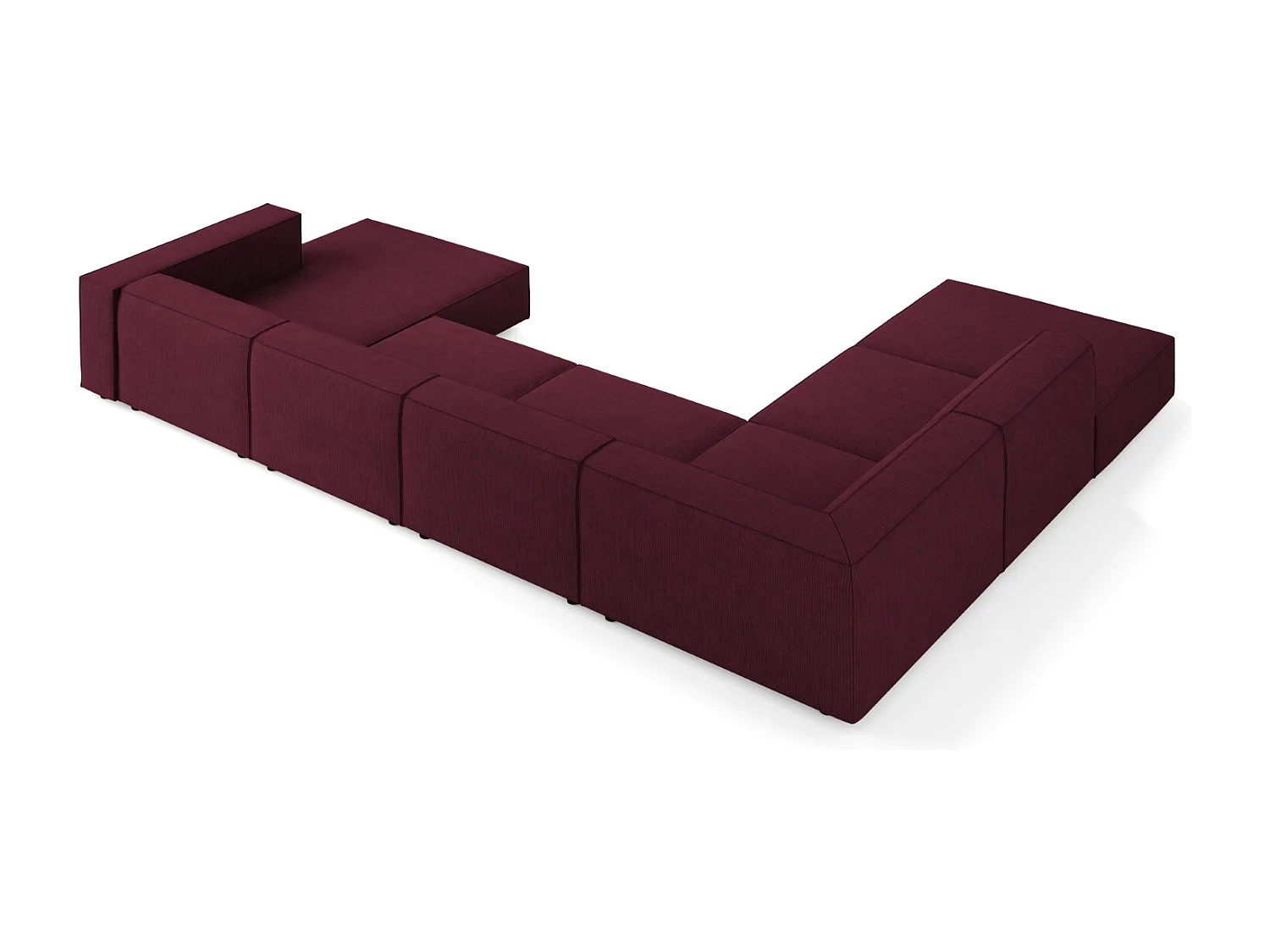 Cosmopolitan Design - Sofá de canto panorâmico à esquerda "Arendal" 7 lugares em tecido chenille com efeito canelado rubi - 364x262x70cm