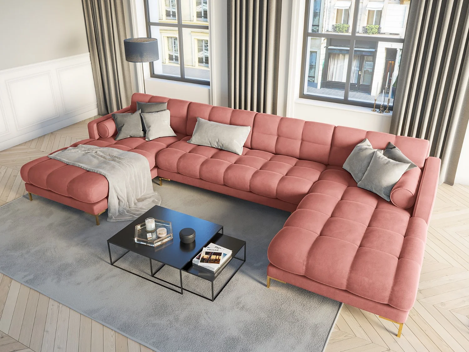 Cosmopolitan Design - Sofa panoramiczna, "Bali" 7 miejsc welur, róż - 383x185x75cm