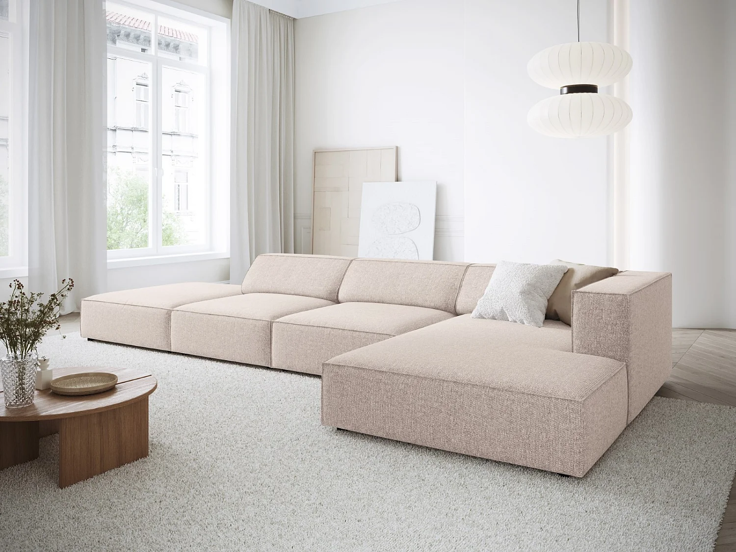 Cosmopolitan Design - Rechter hoekbank "Arendal" 5 zitplaatsen, Chenille, Beige - 341x166x70cm
