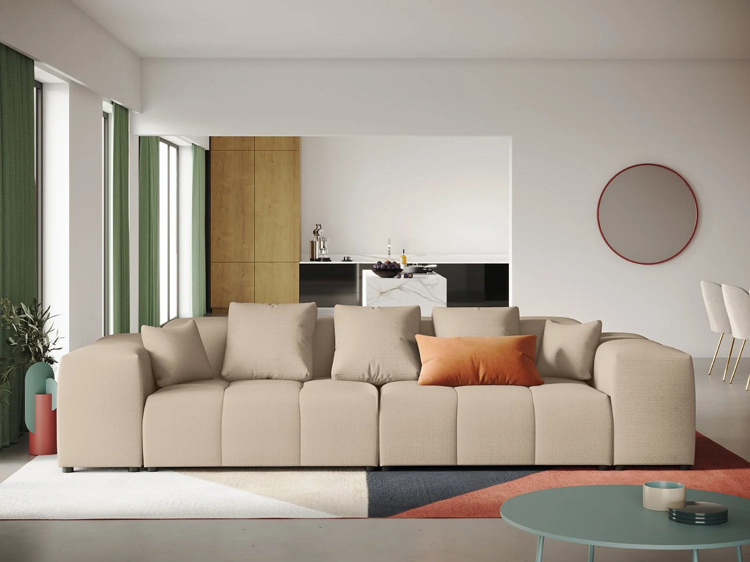 Cosmopolitan Design - Modulaire bank "Rome" 3 zitplaatsen, Structurele stof, Beige - 320x120x75cm