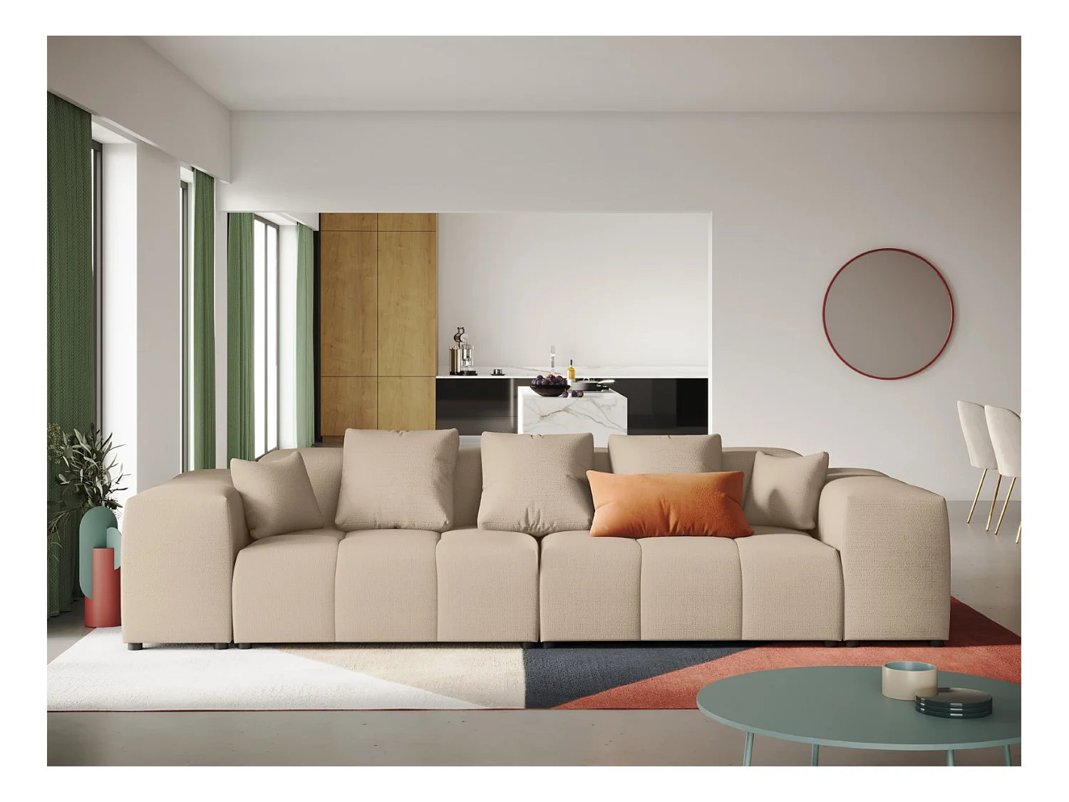 Cosmopolitan Design - Canapé modulable "Rome" 3 places en tissu structurel beige - 320x120x75cm