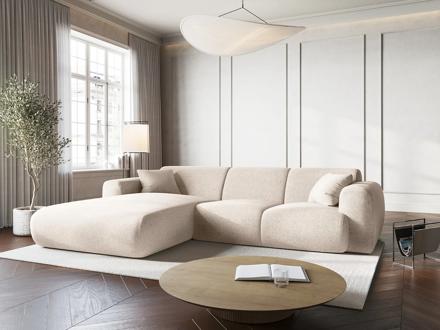 Cosmopolitan Design - Linker hoekbank "Nolio" 4 zitplaatsen, Chenille, Lichtbeige - 260x170x72cm